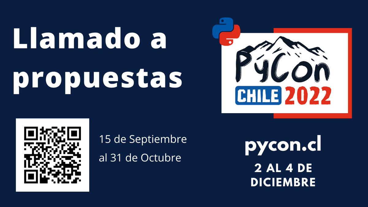 📢¡Atención Comunidad!

El llamado a propuestas de charlas y talleres  para la #PyConChile22 sigue abierto. 🥳🐍🇨🇱

No pierdas la oportunidad de presentar un taller o un proyecto en el que estés trabajando. 

¡Envía tu propuesta!👇🏽
sessionize.com/pycon-chile-20…

#PyCon
#Python 🐍