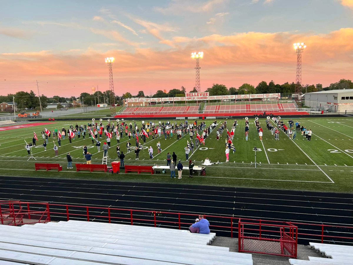 🥁 Don’t miss out on the Bellevue Band and Tiffin Columbian Band performing tomorrow evening during the halftime show! 🎺 It will feature 230 band members on the field with four combined songs, a drill and a dance on the field. 🎶 We hope to see you there! #RedPride