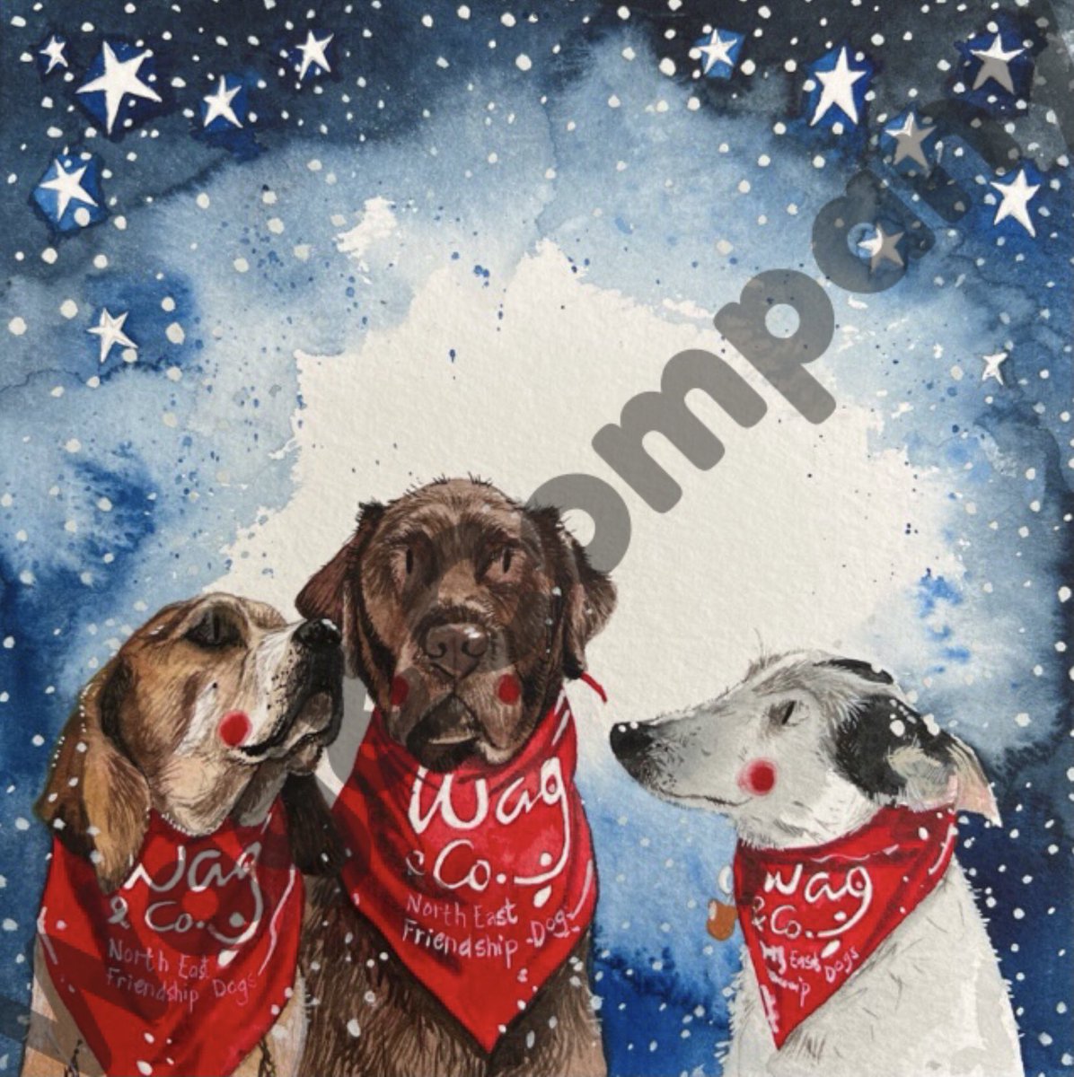 wag_company's tweet photo. We’re absolutely blown away by acclaimed North East artist Alex Clark not only designing and donating this year’s fabulous Wag Christmas cards but she’s also producing them for us!  
Find them here online in our shop: One pack for £6 and two packs for £10: https://t.co/5vJdUA1cfd https://t.co/BElOwoo927