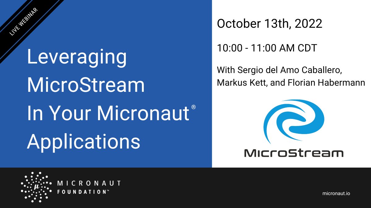 The Micronaut Framework (@micronautfw) on Twitter photo New #Tech #Webinar Scheduled!
Leveraging MicroStream In Your Micronaut Applications
Registration now open!
hubs.li/Q01p8MX80 #JVM #Java #Micronaut #MicroStream <a href="/sdelamo/">Sergio del Amo</a> <a href="/microstreamOne/">MicroStream</a> <a href="/MarkusKett/">Markus Kett</a> <a href="/FHHabermann/">Florian Habermann</a> New #Tech #Webinar Scheduled!
Leveraging MicroStream In Your Micronaut Applications
Registration now open!
hubs.li/Q01p8MX80 #JVM #Java #Micronaut #MicroStream <a href="/sdelamo/">Sergio del Amo</a> <a href="/microstreamOne/">MicroStream</a> <a href="/MarkusKett/">Markus Kett</a> <a href="/FHHabermann/">Florian Habermann</a>
