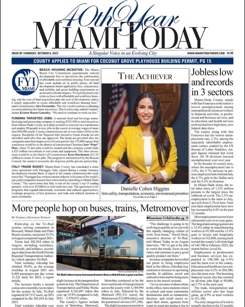 DanCohenHiggins's tweet photo. Thank you to the Miami Today for this feature as The Achiever. They asked some tough questions and some personal questions, the answers to which all represent me as I work hard to represent you. @MiamiTodayNews Full article link below:

https://t.co/fSnjCpcCEl https://t.co/vHytNxpPhQ