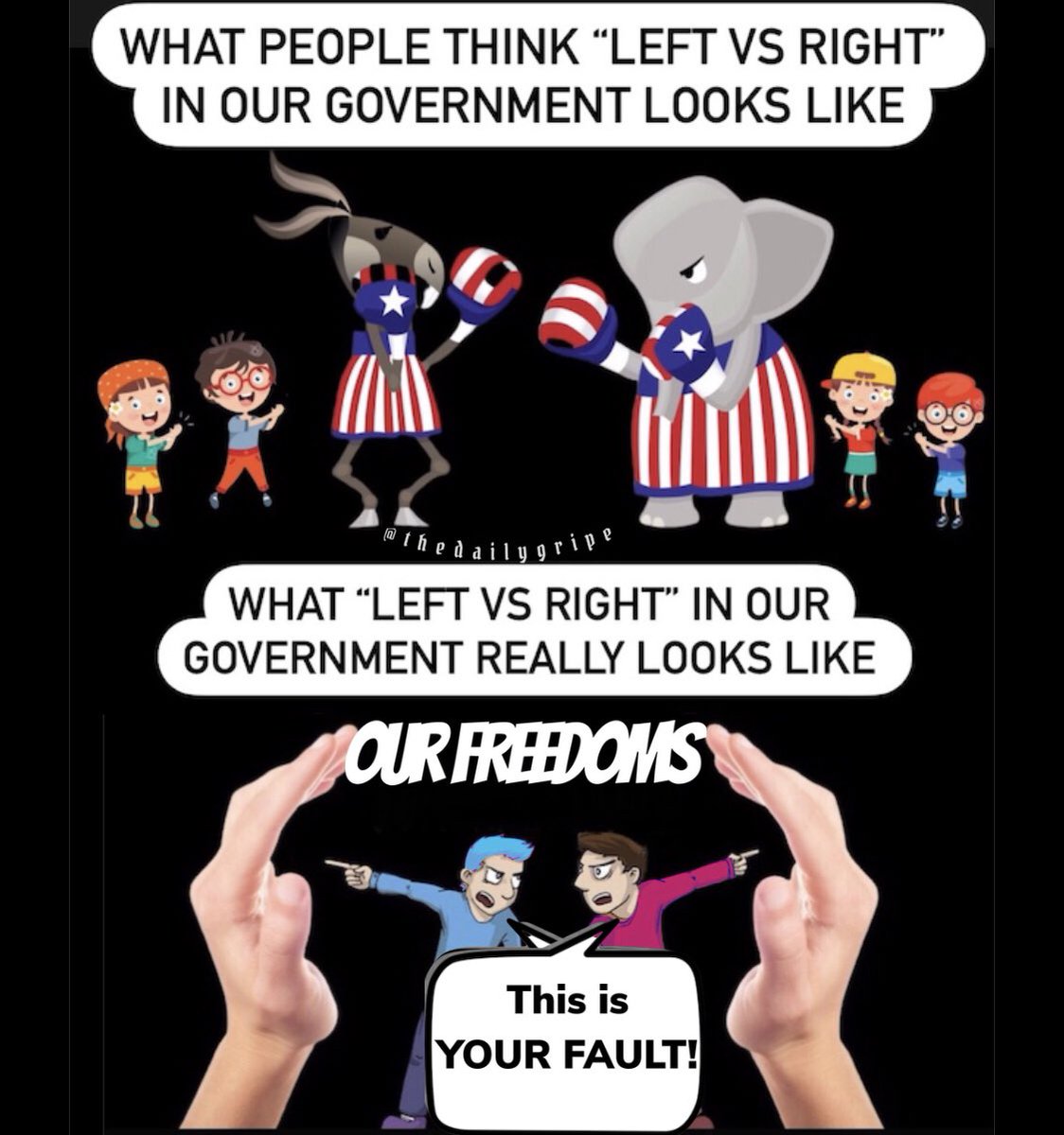 DailyGripeMemes's tweet photo. @RKnowinsanity @77HERCULES77 @reneeAZpatriot4 Their all corrupt, just 2 sides playing their part… #IllusionOfChoice #2SidesOfTheSameCoin https://t.co/xk40AIE3op