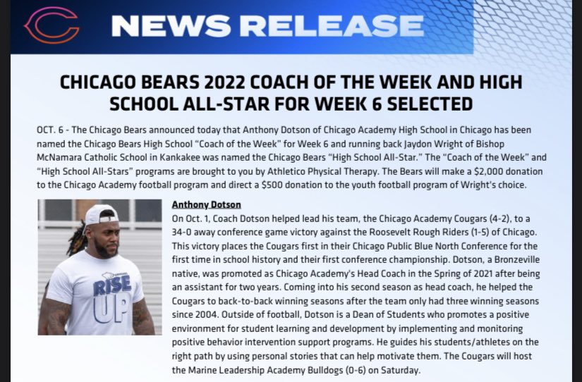 Wow.. Amazing Feeling! Thanks @BearsOutreach @Athletico for the Week 6 Coach Of The Week selection! #CAFOOTBALL @CPLFCA @AUSLChicago @EDGYTIM @mikeclarkpreps @Bryan_Ault @Rivals_Clint @PrepRedzoneIL @dclay1889 @PRZJordan @DeepDishFB @CoachBigPete @ChicagoBears @IHSFCA1 @IHSA_IL