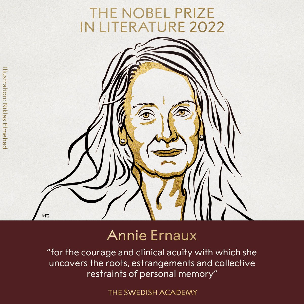 WriterForman's tweet photo. A memoirist wins the Nobel Prize. This is very big news.
"For decades, the French writer Annie Ernaux has dissected the most humiliating, private and scandalous moments from her past with almost clinical precision: “I shall carry out an ethnological study of myself." @nytimes https://t.co/8uDC3Iv148