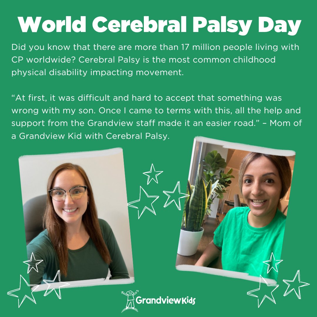 GrandviewKids's tweet photo. #WorldCerebralPalsyDay, which occurs annually on Oct 6, reminds us that there are over 17 million people impacted by this disorder.
Anyone is welcome to participate in World CP Day. In this photo, we have Taryn & Maritza wearing #Green4CP to show their support for those with CP. https://t.co/vida0Y8Yp8