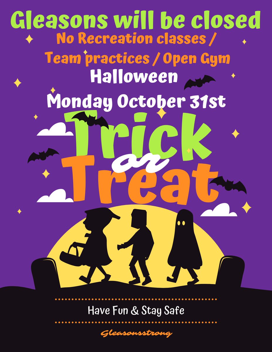 Gleasons_Gym's tweet photo. Gleasons will be closed Halloween night! 
Stay safe out there &amp; feel free to bring us your left-over chocolate. 😂 https://t.co/PaygtU3zbH