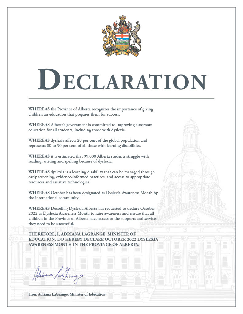DyslexiaAB's tweet image. Thank you @AlbertaEd for declaring October #DyslexiaAwarenessMonth. #Alberta is leading the way with ELAL curriculum that applies best practices concerning early literacy instruction #ReadingRope #SimpleViewOfReading #SOR #Screening #AbEd #RIghtToRead @Dyslexia_Canada