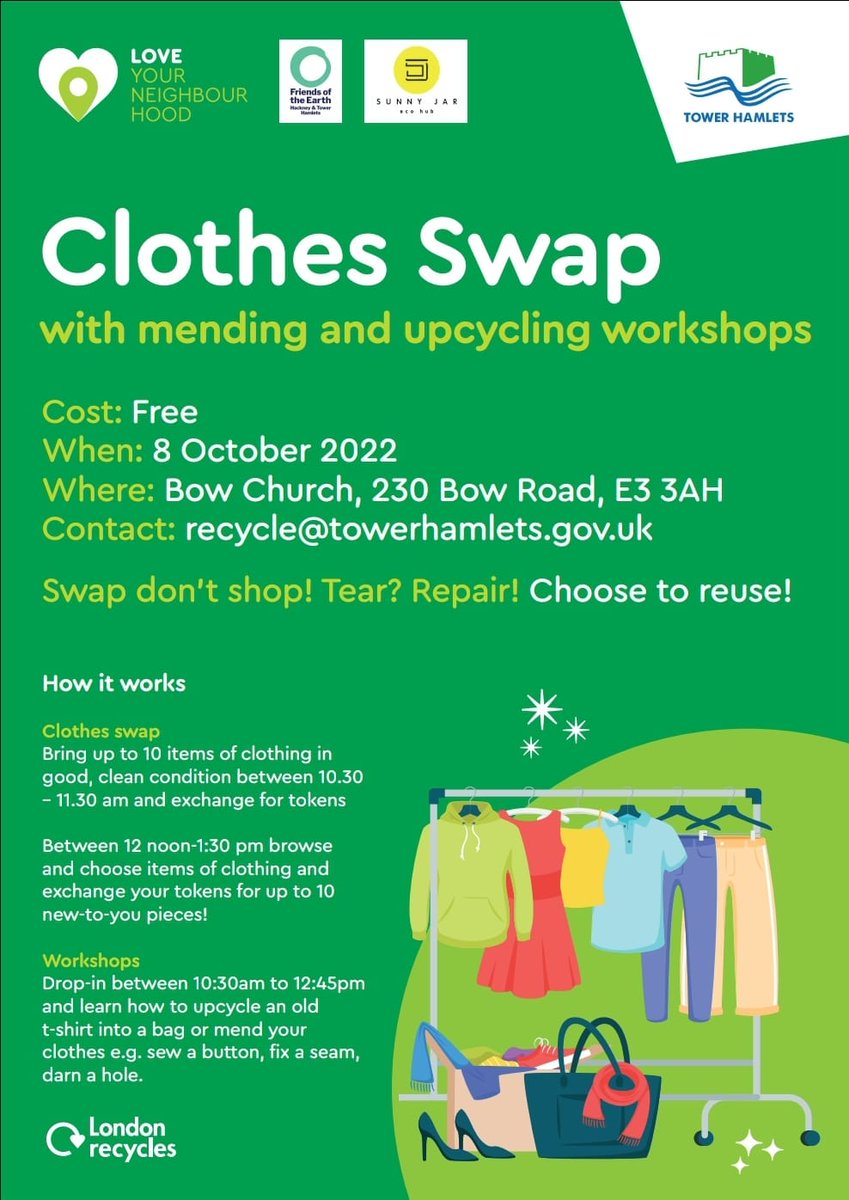 Another FREE clothes swap is happening on 8 October 10:30-13:30 (bring clothes from 10:30 and browse from 12:00)! 

@TowerHamletsNow @FoE_HTH @sunnyjarecohub @BowChurch