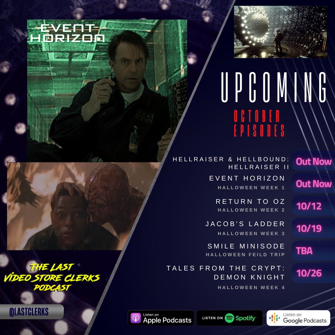LastClerks's tweet photo. Halloween Month will likely continue until Thanksgiving. We're in Texas, and the only fall season we get is Horror Movies. Unless you count 120 degree heat killing everything green as Fall. #Hellraiser #eventhorizon #returntooz #jacobsladder #smile #talesfromthecrypt #demonknight https://t.co/ydlPGgh4kQ