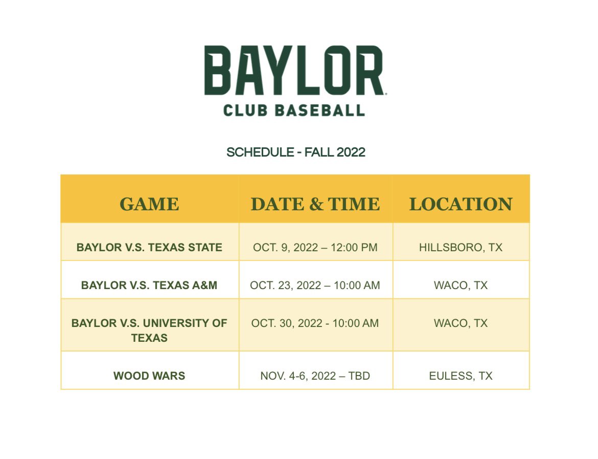 Official fall schedule for your Baylor Club Baseball Team! Come out and support your bears!