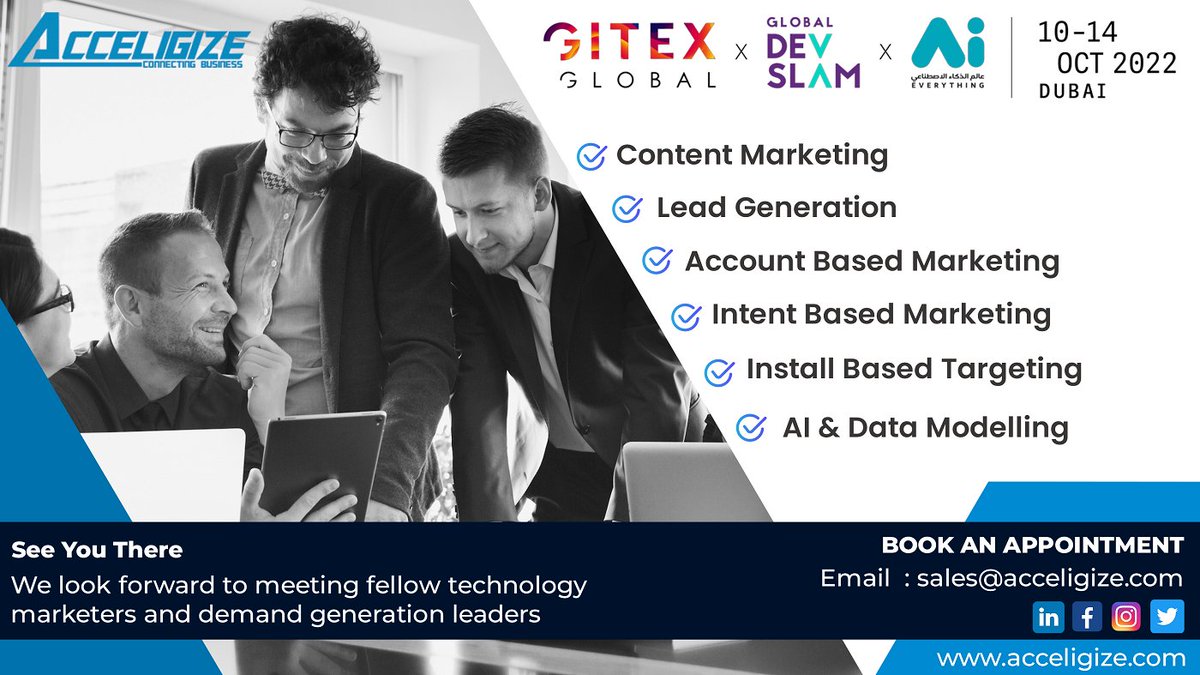 acceligize's tweet photo. Our team will be there for all 5 days, you can setup a meeting with them sales@acceligize.com. Join us there!
#Gitex #demandgeneration #leadgeneration #b2bmarketing #technology https://t.co/iGGKhxInGN