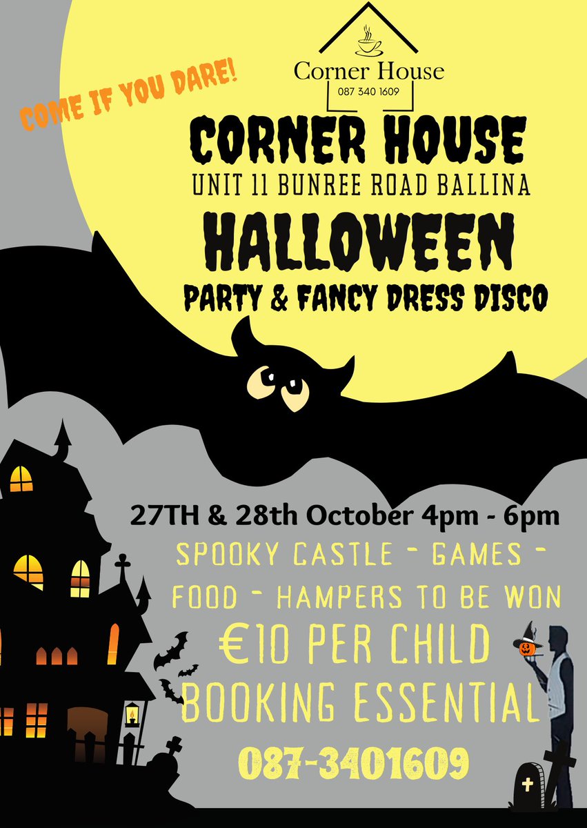 cornerhousecfe's tweet photo. Join us if you dare🎃👻 Halloween party in our spooky castle 🏰 27th &amp; 28th October 4-6 pm €10 per child.  Don’t miss out call us to book your place. 087 3401609. #halloween #party #spooky #castle #games #hamper #fun #disco #fancydress #ballina #bunree #cornerhouseballina https://t.co/fMvPEkYSAd