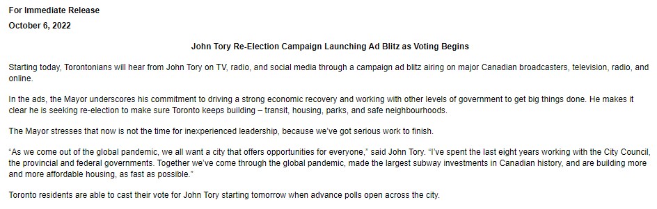 John Tory campaign says it's launched an ad blitz today on TV, radio, and social media. The ads tout the mayor's efforts with other levels of gov't on housing, transit, and other issues. Tagline: "Now is not the time for inexperience. We've got work to finish."