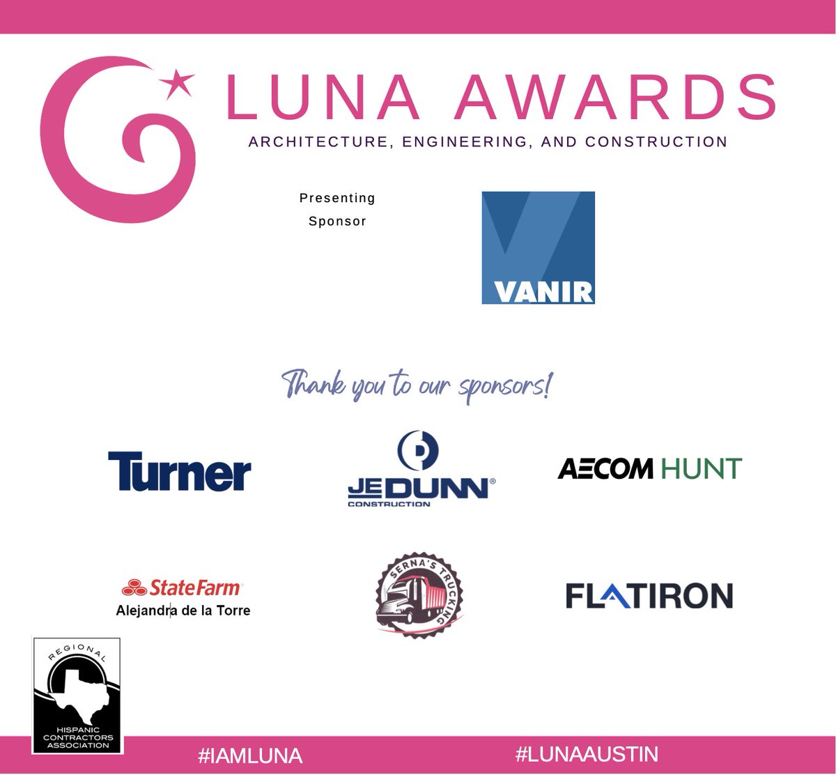 DFWRHCA's tweet photo. #LUNAAUSTIN
We want to express great appreciation to our presenting sponsor @VanirCM!
And our sponsors @turner_talk, @JEDunn, @AECOMHunt, @StateFarm, Serna’ Trucking, and @flatironcorp
#IAMLUNA #Construction #Contractors #Construccion #Contratistas https://t.co/lmVy0NtVLQ