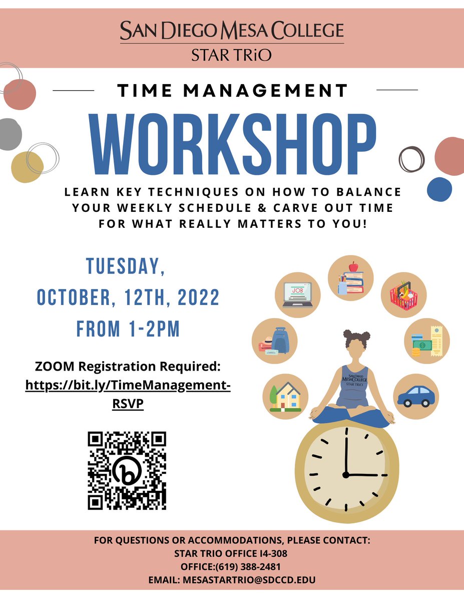 Hey Star students! We have a time management workshop set for Wednesday, October 12 at 1pm - 2pm. If you are interested, please feel free to sign up!
sdccd-edu.zoom.us/meeting/regist…