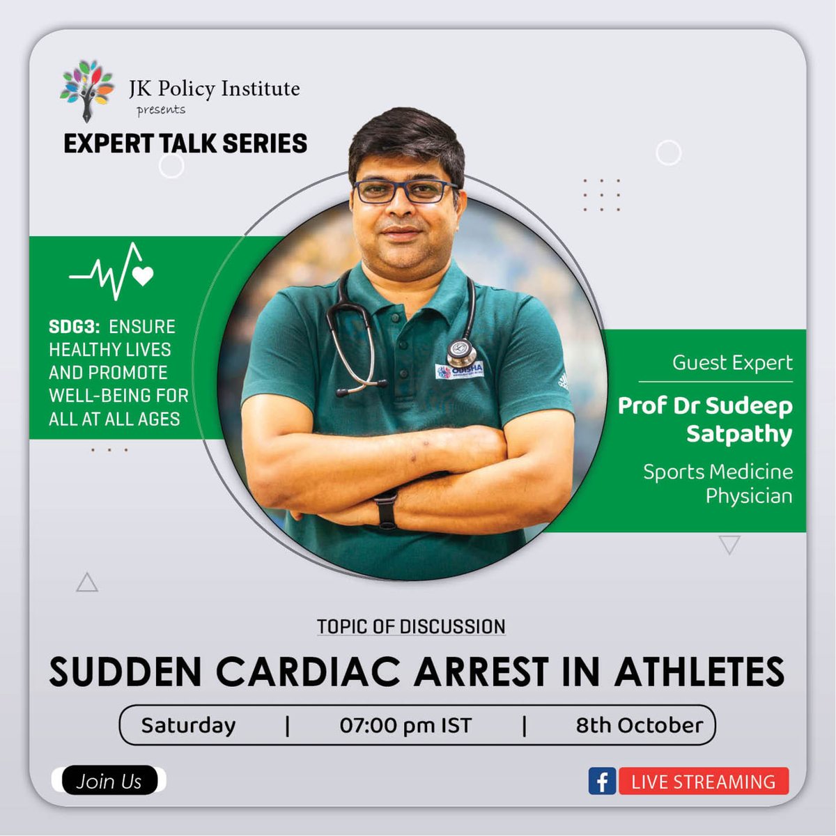 JKPI_'s tweet photo. Expert Talk Series session on #SDG3: Our guest expert @drsudeepsatpath will discuss an important health concern ("Sudden Cardiac Arrest in Athletes") tomorrow (Oct 8th). 

Please, spread the word, and don't forget to share. https://t.co/DROgl0C8kj