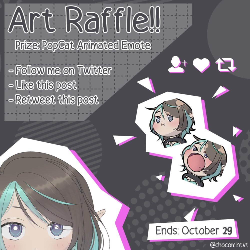 mentaminaa's tweet photo. 1ST STREAM ANNIVERSARY [ART RAFFLE]
 [1 winner]
- Follow me on Twitter @chocomintvt
- Like this tweet
- and reweet! (not qrt)

The prize is an animated emote (2 frames)

Deadline October 29 at 9pm Chile (5pm PT)

Good luck!!!! ily

#artraffle #vtuber #vtuberuprising https://t.co/0cboQ388QA