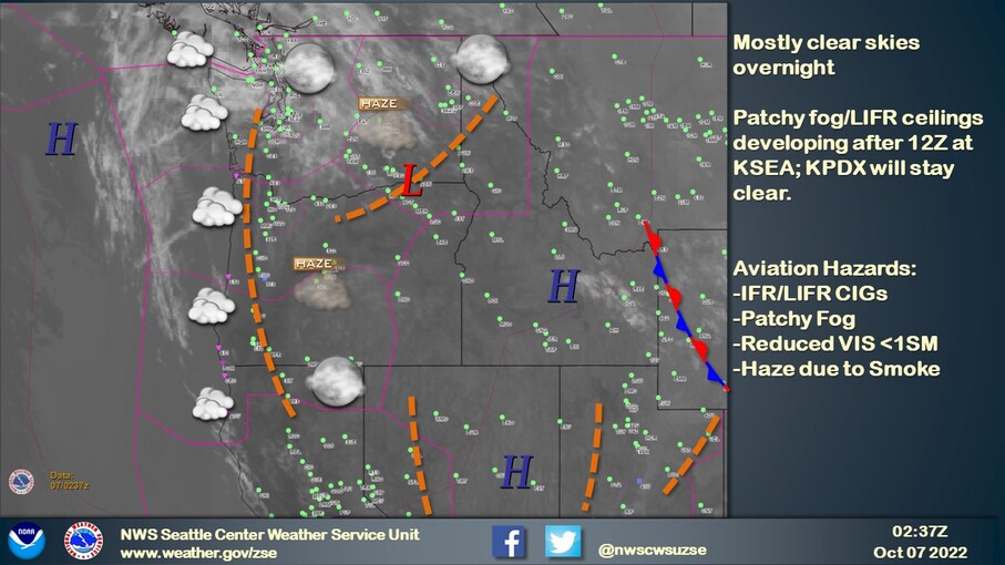NWSCWSUZSE's tweet image. Mostly clear skies this evening over #KSEA. Patchy fog could develop overnight in the airport vicinity (10-20% chance), but expect VFR conditions and light north winds by early afternoon tomorrow.