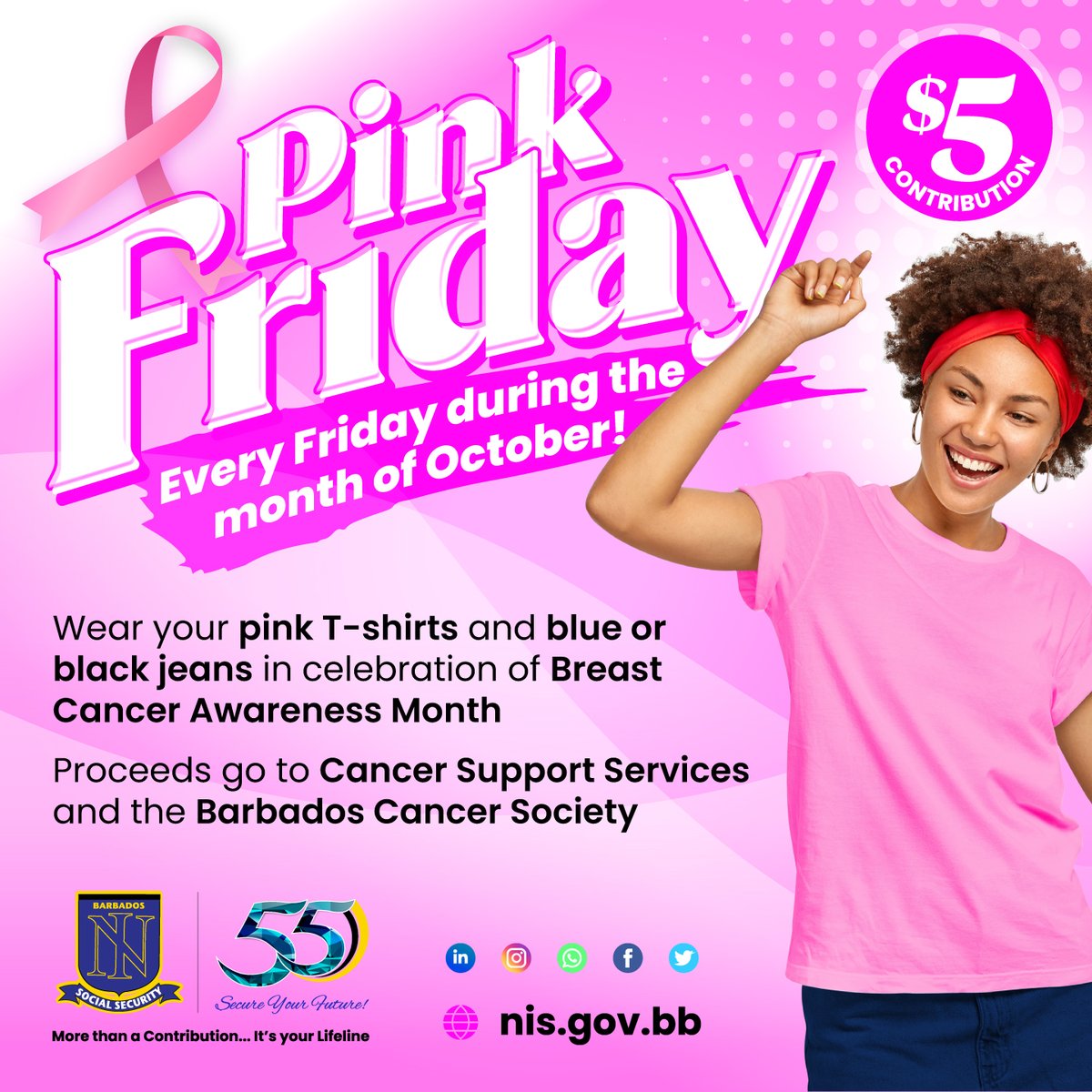NISBarbados's tweet photo. Celebrate #PinkFriday for a great cause, every Friday during October. Your $5.00 contribution will make a big impact in the ongoing fight against breast cancer.
#nisbarbados #BreastCancerAwarenessMonth #pinkhealth #cancersupportservices #barbadoscancersociety https://t.co/GRPu2bQLB3