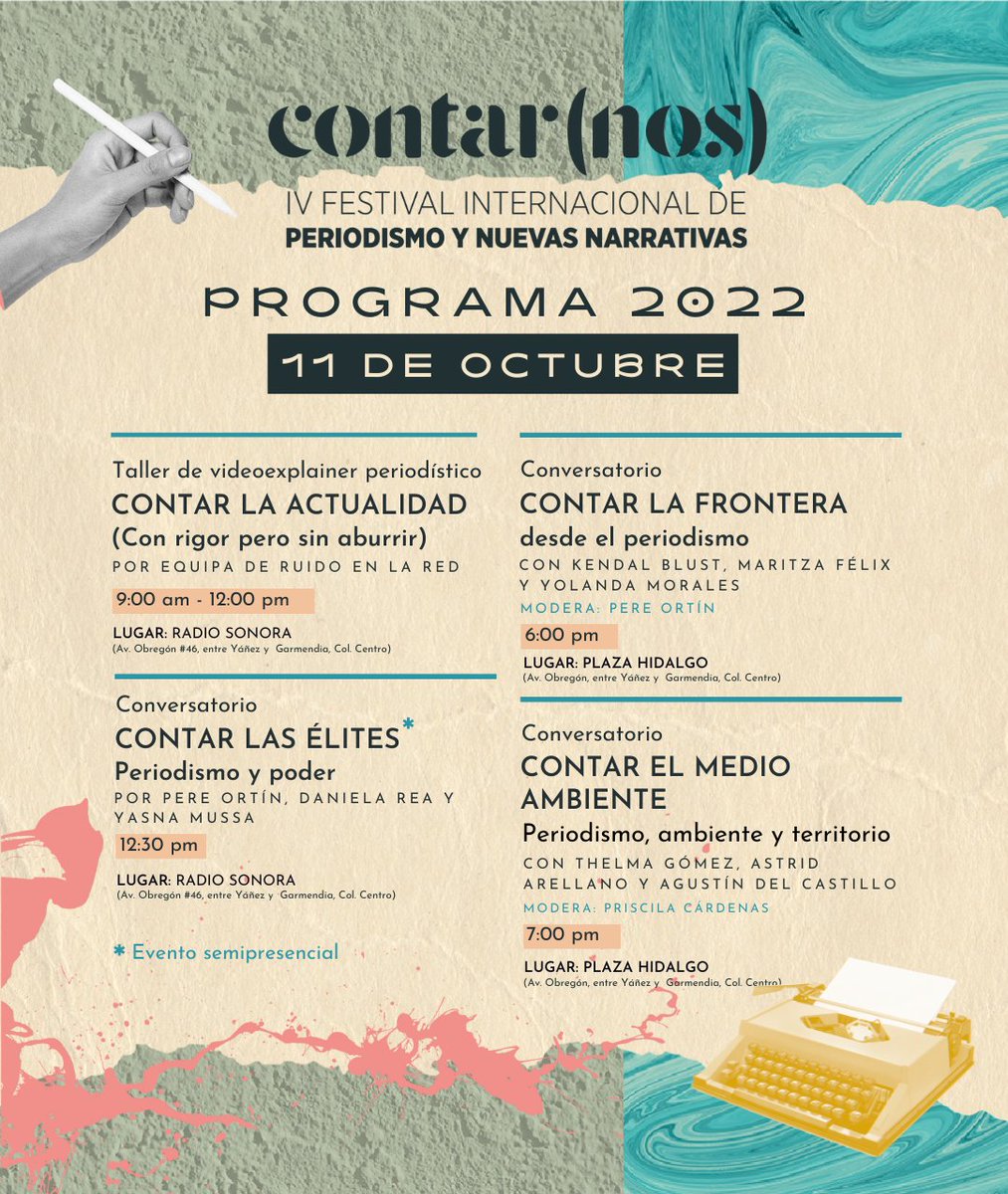 ContarnosMx's tweet photo. 📢FALTAN POCOS DÍAS PARA #Contarnos2022 📢
El Festival que este año abordará temas de: #Fronteras #Desapariciones #MedioAmbiente #Viralidad #Videoexplainers #PeriodismoEnRedesSociales #ÉlitesEnAméricaLatina
Échenle 👀 a nuestro programa completo 🥰
¡Este 11 y 12 de octubre! https://t.co/r7NaguZE5u
