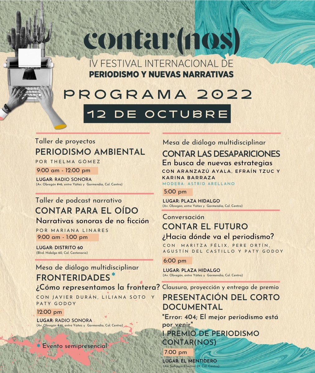 ContarnosMx's tweet photo. 📢FALTAN POCOS DÍAS PARA #Contarnos2022 📢
El Festival que este año abordará temas de: #Fronteras #Desapariciones #MedioAmbiente #Viralidad #Videoexplainers #PeriodismoEnRedesSociales #ÉlitesEnAméricaLatina
Échenle 👀 a nuestro programa completo 🥰
¡Este 11 y 12 de octubre! https://t.co/r7NaguZE5u