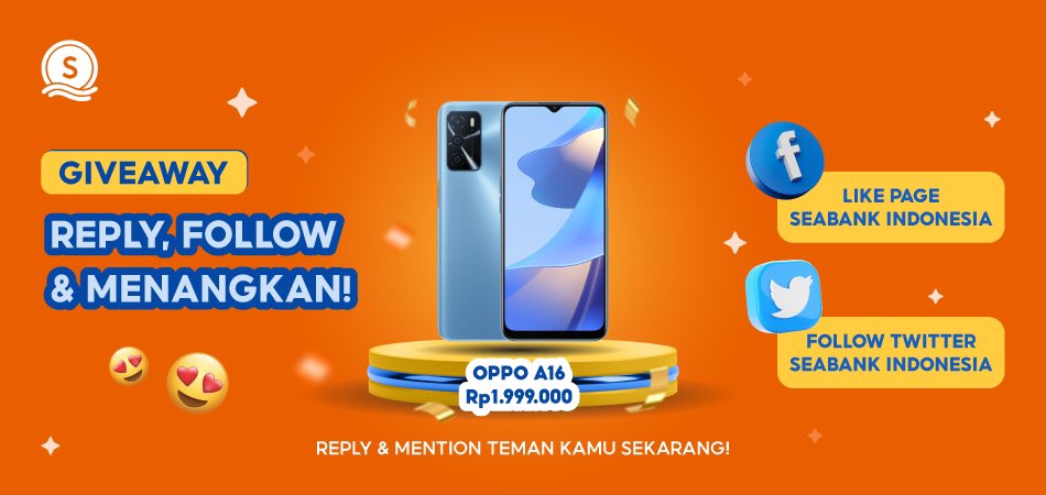 🎁FOLLOW &amp; BAWA PULANG OPPO A16 GRATIS!🎁

S&amp;K:
1. FOLLOW TWITTER @SEABANKID dan LIKE FANPAGE FB facebook.com/SeaBankIndones… 
2. LIKE &amp; RT tweet ini
3. REPLY username Twitter dan FB kamu lalu MENTION 1 ORANG TEMANMU YANG BANYAK!

Semoga kamu jadi pemenangnya!🙌