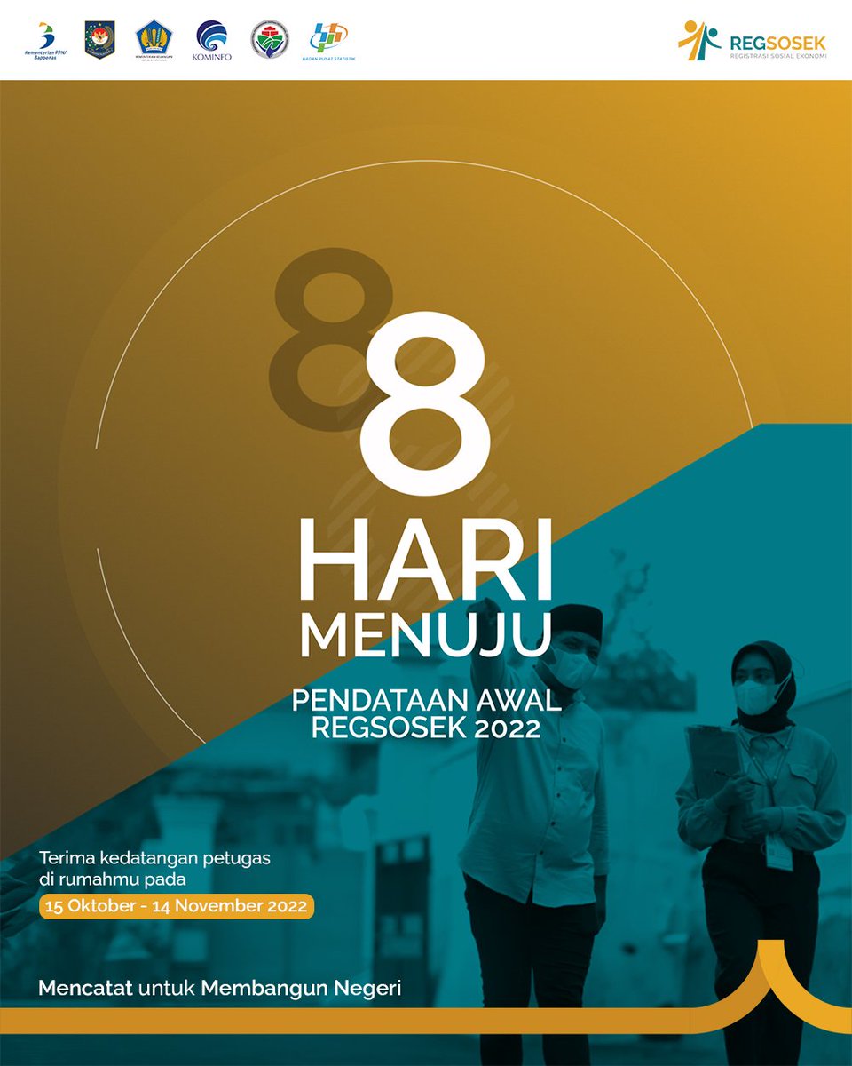 8 Hari Jelang Pendataan Awal Regsosek 

Menjelang weekend ini, Statmin ingin mengingatkan kembali kepada Sahabat Data bahwa pada tanggal 15 Oktober-14 November 2022 Badan Pusat Statistik akan melakukan Pendataan Awal Registrasi Sosial Ekonomi (Regsosek) 2022.