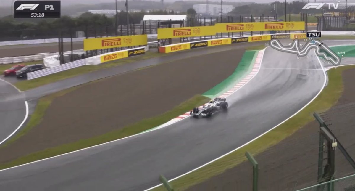f1effone's tweet photo. It’s pretty wet at Suzuka P1. 
Most of the drivers are not out yet.
Looks like we will get an other wet race this weekend. 👀
#suzuka #SuzukaGP #JapaneseGP #f1 https://t.co/OE5MYrVnHT