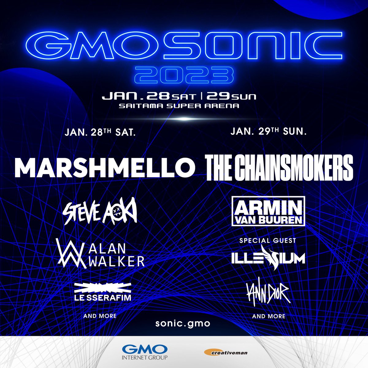 MNN_JPN's tweet photo. 2023年1月28日(土)・29日(日)さいたまスーパーアリーナで「GMO SONIC 2023」開催！

MarshmelloやThe Chainsmokers、Steve Aoki、Armin van Buuren、Alan Walker、ILLENIUMなど豪華アーティストが多数集結します！

https://t.co/GAtxDD7ovh https://t.co/FSgNWDszlw