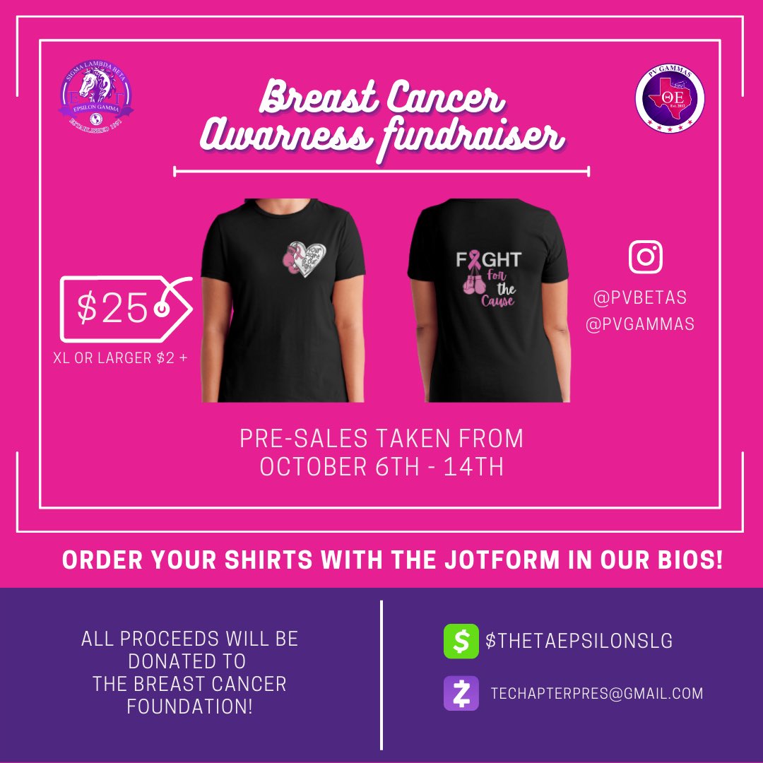 The Brothers of Sigma Lambda Beta International Fraternity Inc. and the Ladies of Sigma Lambda Gamma National Sorority Inc. have partnered up to support those who have been impacted by breast cancer. We will be accepting preorders for t-shirts today until Oct.14th