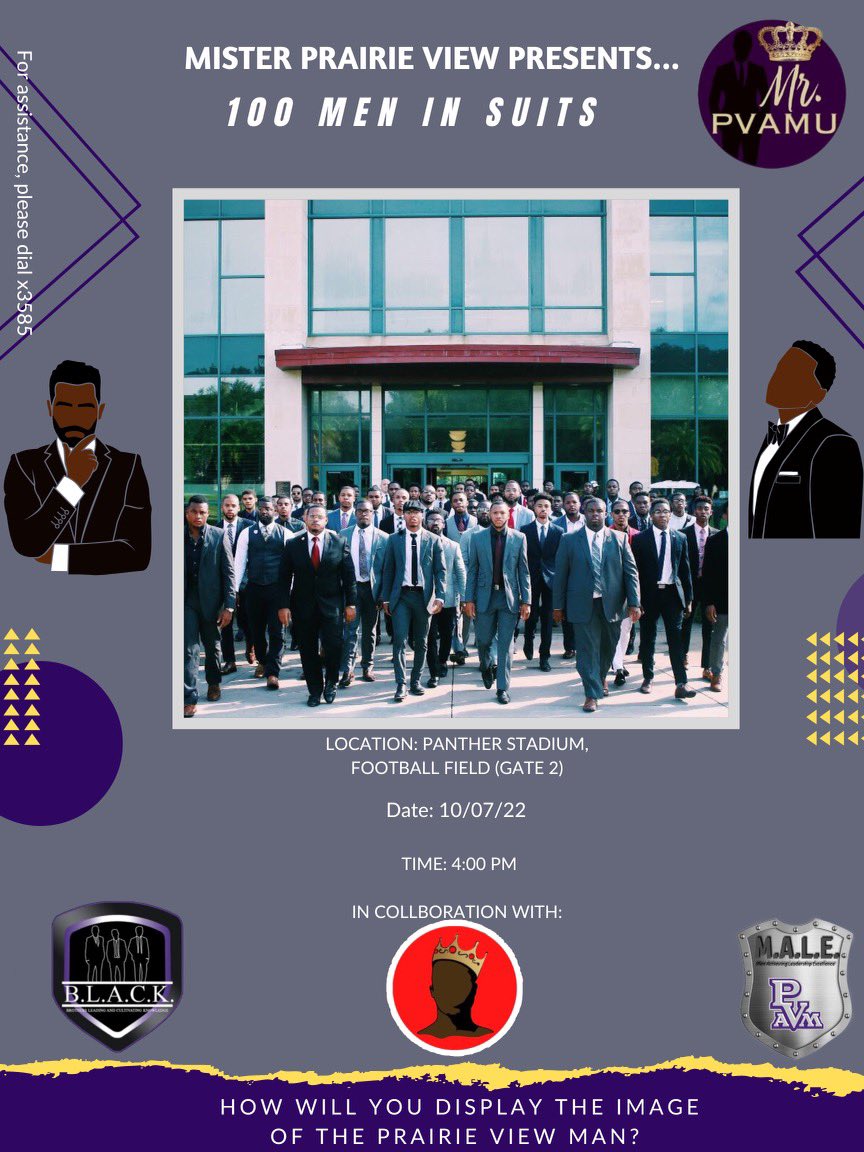 ctcpvamu's tweet photo. ITS BACK‼️ CTC, Mr. PV, M.A.L.E, and B.L.A.C.K are bringing back 100 Men in Suits🎉🎉 Tomorrow at 4pm come out in your best suit and represent the PV Man. Be there or be ▪️ https://t.co/7luNOcfESG