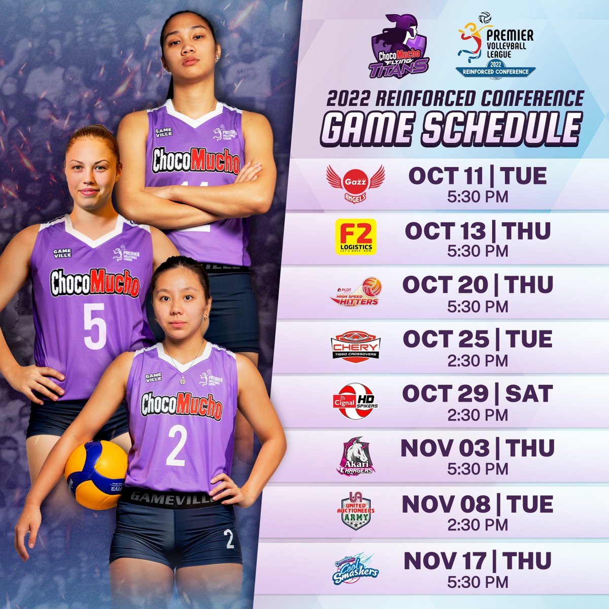 CMFlyingTitans's tweet photo. Here’s the PVL 2022 Reinforced Conference Game Schedule of the Choco Mucho Flying Titans. 

Who will reign this conference? Show your #TitanPride during the games by wearing the OFFICIAL Choco Mucho Flying Titans merchandise! 

SHOP NOW VIA SHOPEE
https://t.co/NR6HOmZvmC https://t.co/sgHOXmzcu6