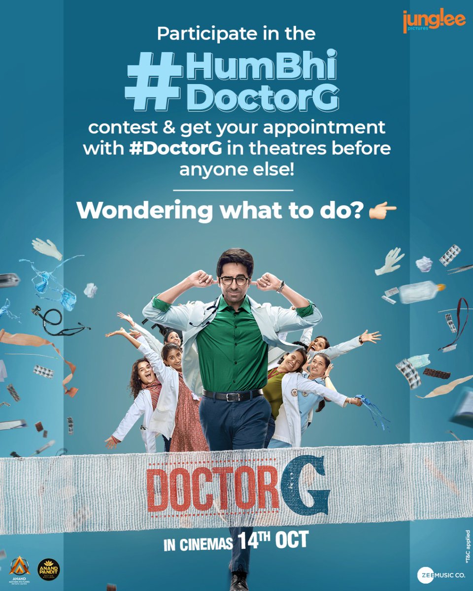 JungleePictures's tweet photo. It’s time to bring out the #DoctorG🧑🏻‍⚕️ in you! 🫵

Participate in the #HumBhiDoctorG contest and make your college win a chance to attend a special screening of #DoctorG on Thursday, 13th Oct. 

Follow the instructions &amp; start sharing your videos!

#DoctorGInCinemas on 14th Oct. https://t.co/xFPHV25wUe