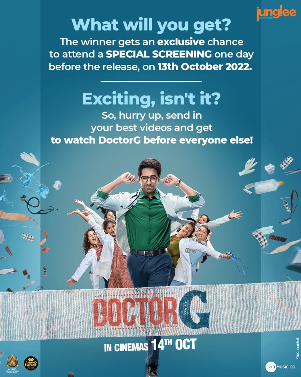 JungleePictures's tweet photo. It’s time to bring out the #DoctorG🧑🏻‍⚕️ in you! 🫵

Participate in the #HumBhiDoctorG contest and make your college win a chance to attend a special screening of #DoctorG on Thursday, 13th Oct. 

Follow the instructions &amp; start sharing your videos!

#DoctorGInCinemas on 14th Oct. https://t.co/xFPHV25wUe