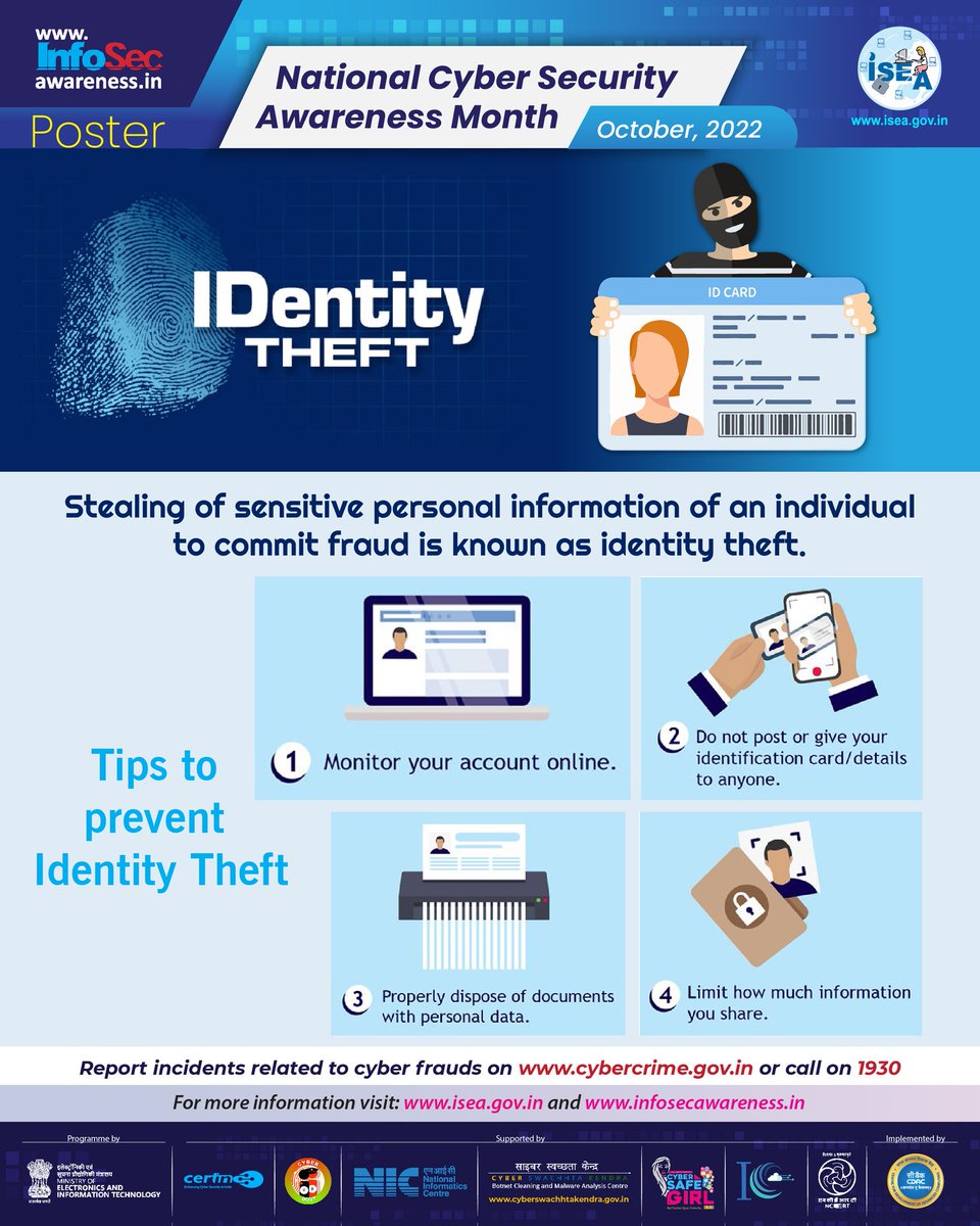 CERT-In is observing 'Cyber Security Awareness Month October 2022' to create awareness and sensitize Internet users on safeguarding against cyber attacks, frauds and cyber crimes.
<a href="/meity/">Meity Respitasari</a>
<a href="/digitalindia/">#digitalindia</a>
#NCSAM2022 #CyberSecurityAwareness #IndianCERT #CyberSwachhtaKendra #CSK