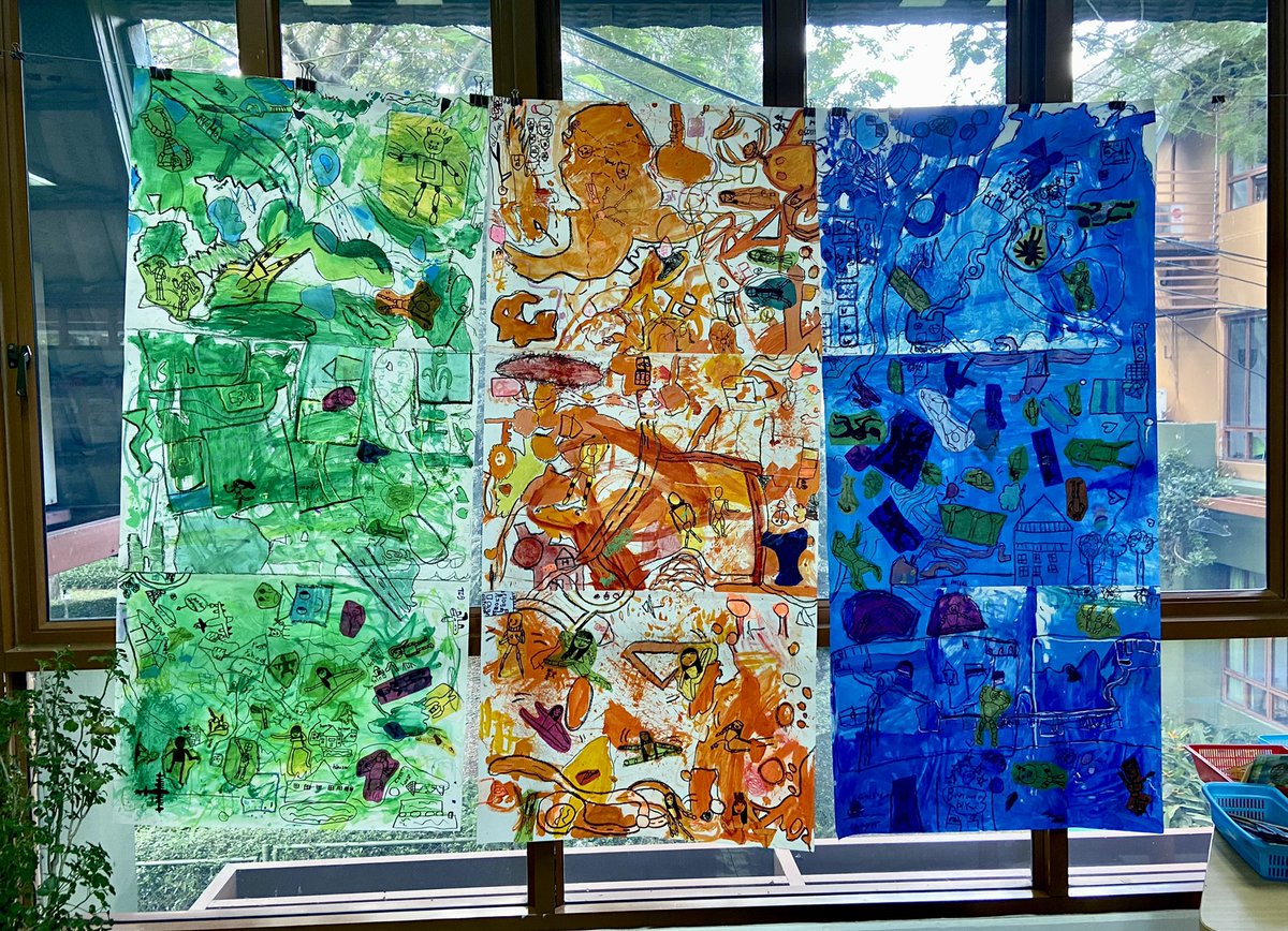 The final fabulous result of grade 2’s mapping and movement project that was started with resident #TimothyNouzak. #collaborativeart #whoweare #ptis #educationforcreativity