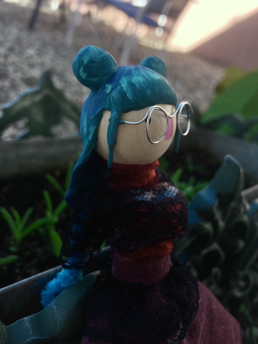 i proudly present my first pipecleaner fashion doll: kristina!! @soupjamstevens was my muse for doll number 1. here she is posing for a fit pic, gardening, and looking wistful with the twilight filter over her.