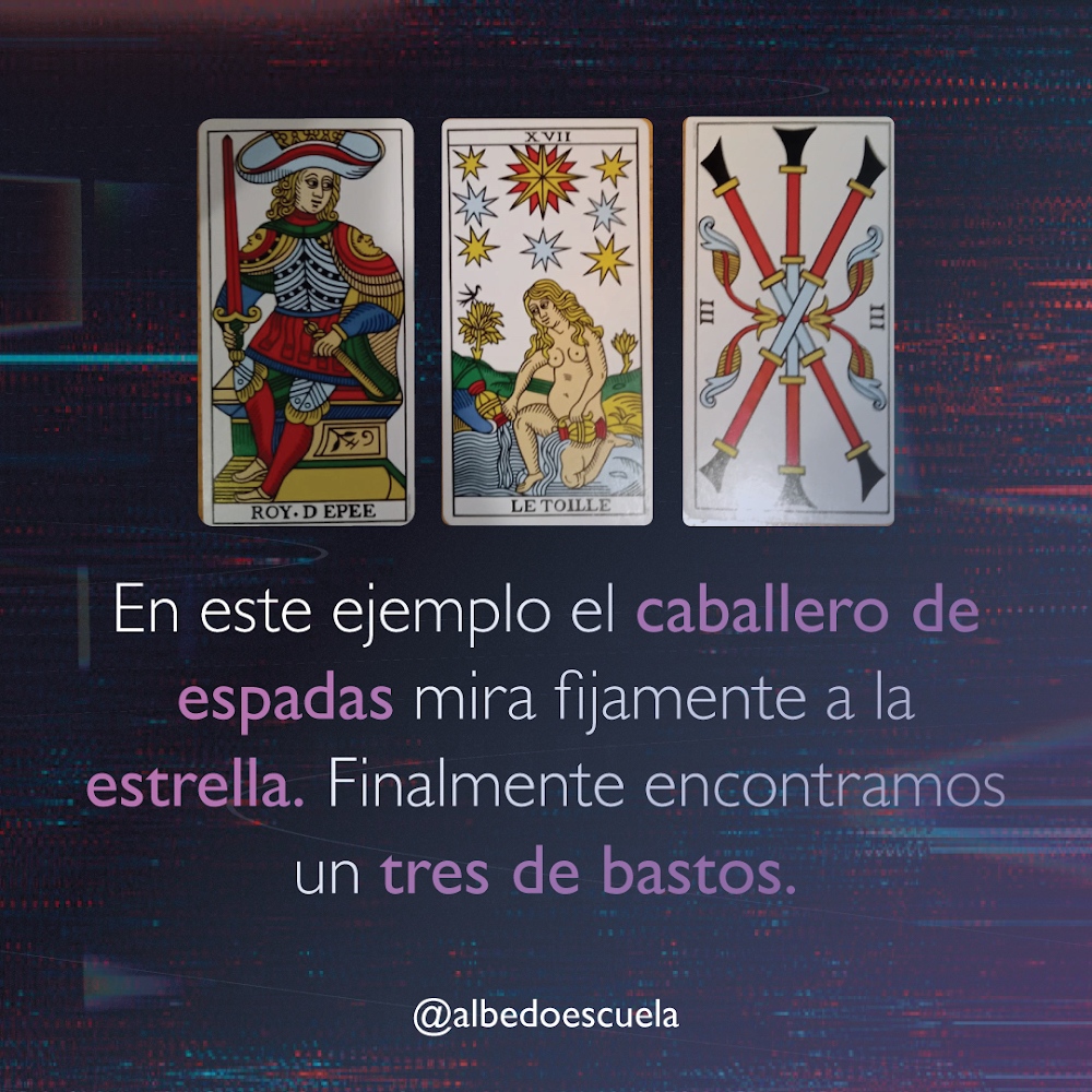 AlbedoEscuela's tweet photo. Cuando hacemos una tirada con el Tarot de Marsella, es muy importante fijarnos en las miradas.
En este ejemplo el caballero de espadas mira fijamente a la estrella. Finalmente encontramos un tres de bastos. ¿Qué opinan tarotistas? https://t.co/KN5QCqI11Y