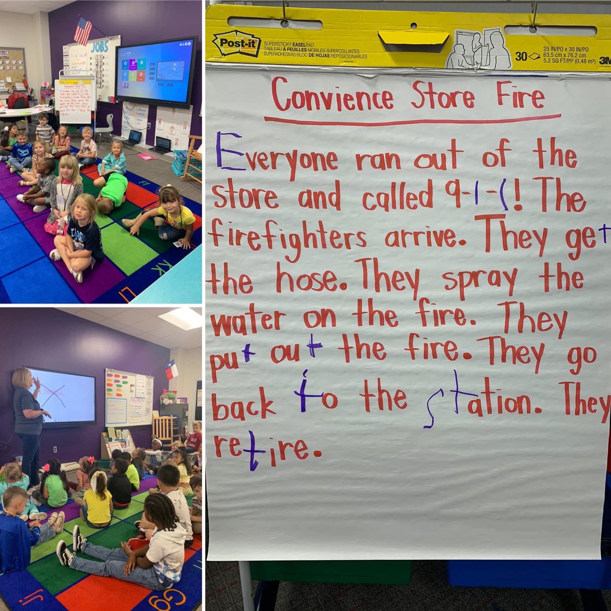 Mrs. Hatton’s PK class has been learning about what makes a good sentence. To help show them that good sentences have spaces between words, start with capital letters, & have punctuation at the end, the kids shared the pen during writing as they made up a story about a fire!✏️