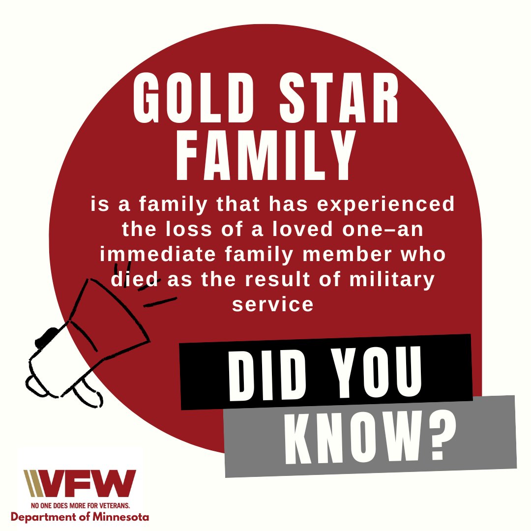 mnvfw's tweet photo. Not everyone knows, the phrase “Gold Star Family” is a family that has experienced the loss of an immediate family member who died as the result of military service. 

There are over 470,000 Gold Star Families.
#VFWSalute #GoldStarFamily #UltimateSacrifice https://t.co/EMS8DIiANd