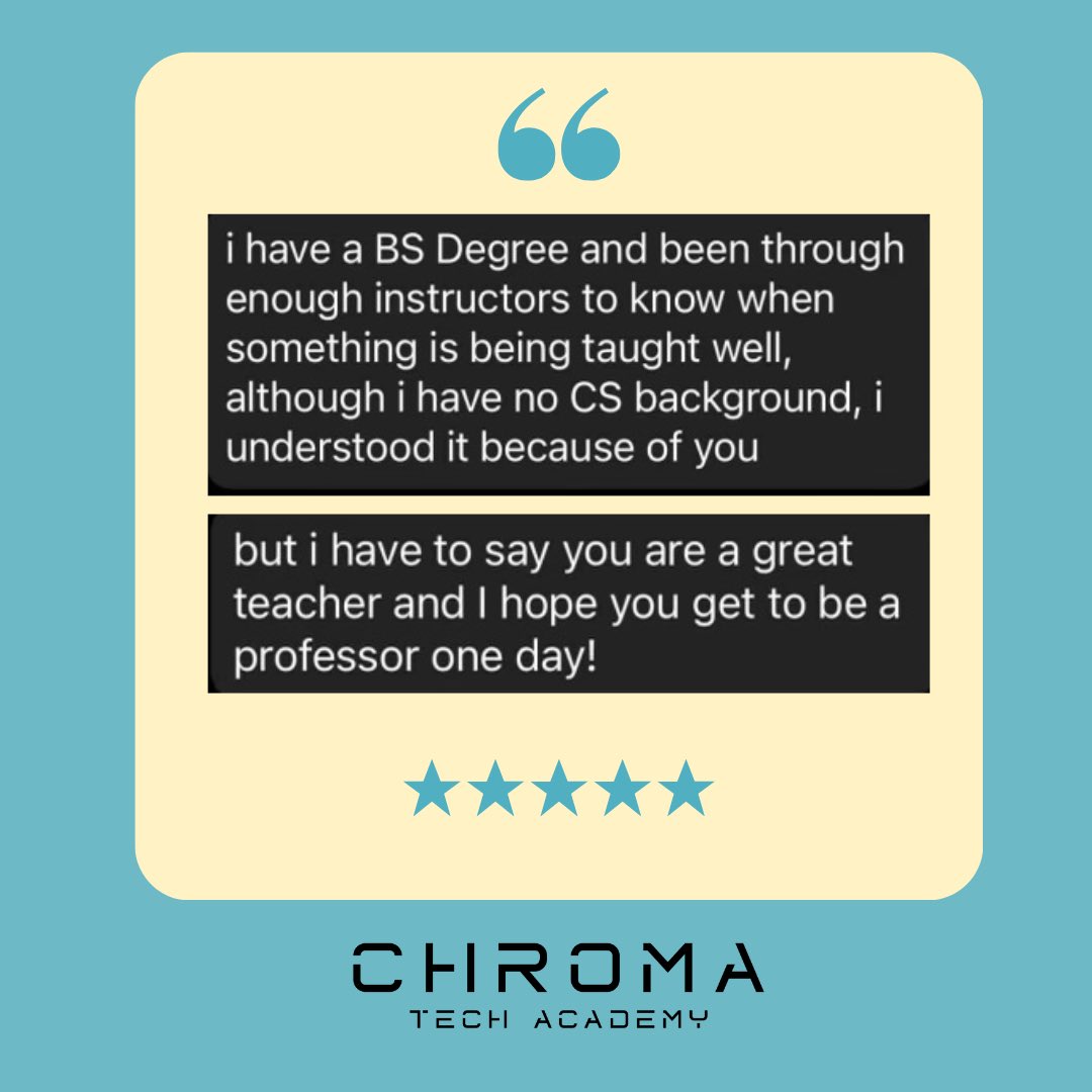ChromaTechAcad's tweet photo. The best shoutout from one of our amazing students about one of our amazing instructors 🥹

#chromatechacademy #ITLife #fullstacklife #automationengineering #programming #softwaretesting #codingbootcamp #workfromhome #qa #qatester #coding #learntocode https://t.co/nEqj3H6CpT