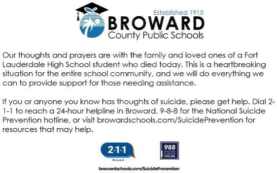 I’m heartbroken for the Fort Lauderdale High School family.  My prayers are with them during this difficult time.  <a href="/FlhsOfficial/">Fort Lauderdale High School</a> <a href="/PrincipalFLhigh/">Erin Brown</a>