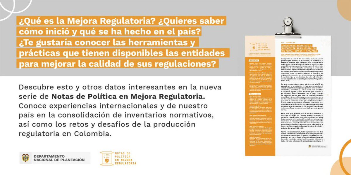 DNP_Colombia's tweet photo. ¡Está disponible nuestra segunda edición de Notas de Política en #MejoraRegulatoria! 🚀 

Conoce distintas experiencias sobre la consolidación de inventarios normativos, así como retos y desafíos de la producción regulatoria en Colombia. 

Ingresa 👉 https://t.co/xHsdRvxsqj https://t.co/uV0n1BeP5b