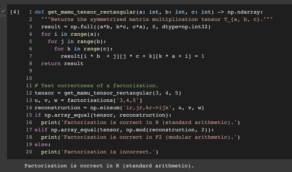 loretoparisi's tweet image. Woah! Just tested the matrix multiplication (MaMu) tensor by #AlphaTensor holding correct! 🤖 🧮 🔢