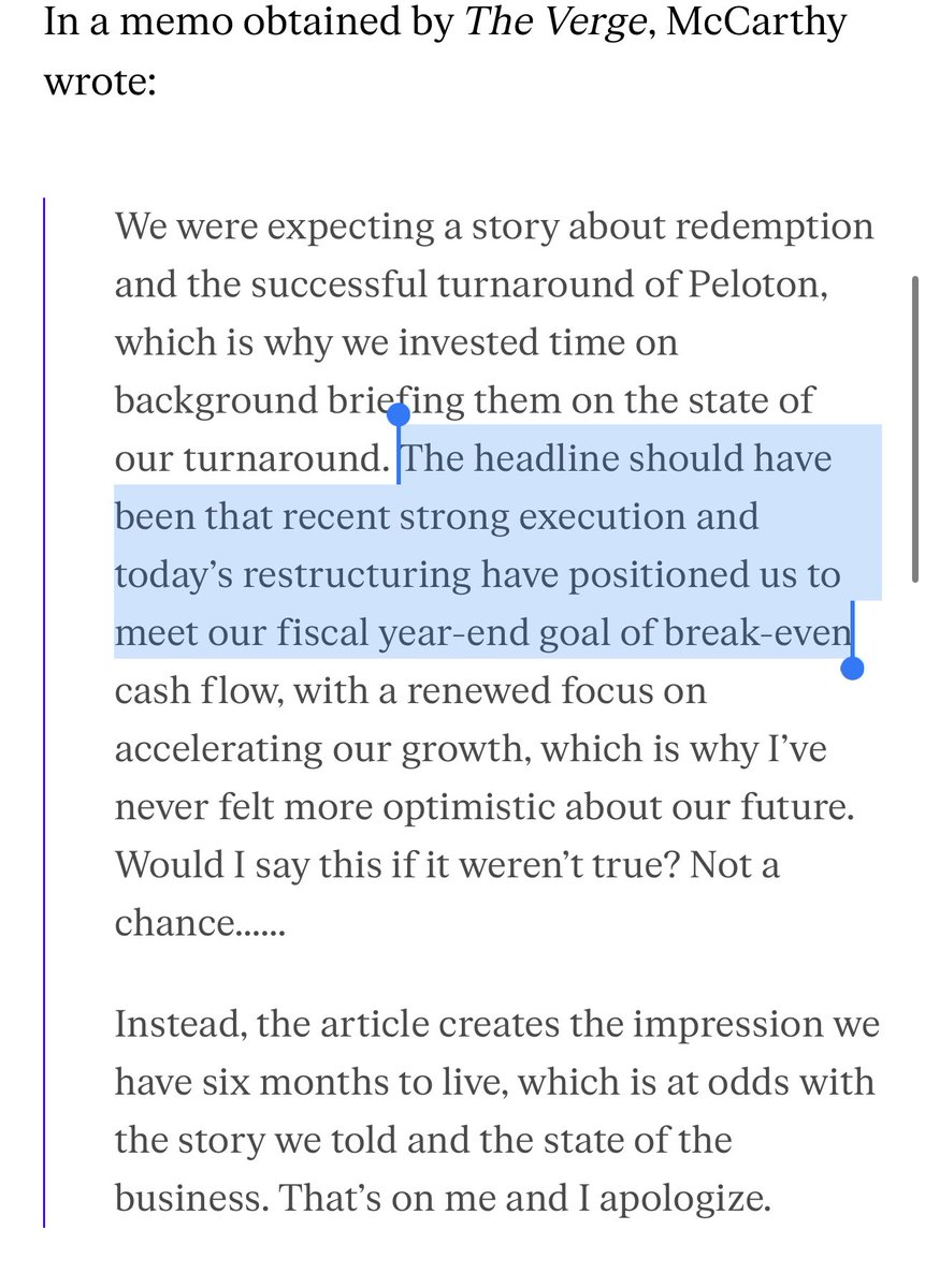Peloton’s CEO placing a story with the WSJ about firing 500 people and being shocked when it wasn’t a puff piece is just incredible theverge.com/2022/10/6/2339…
