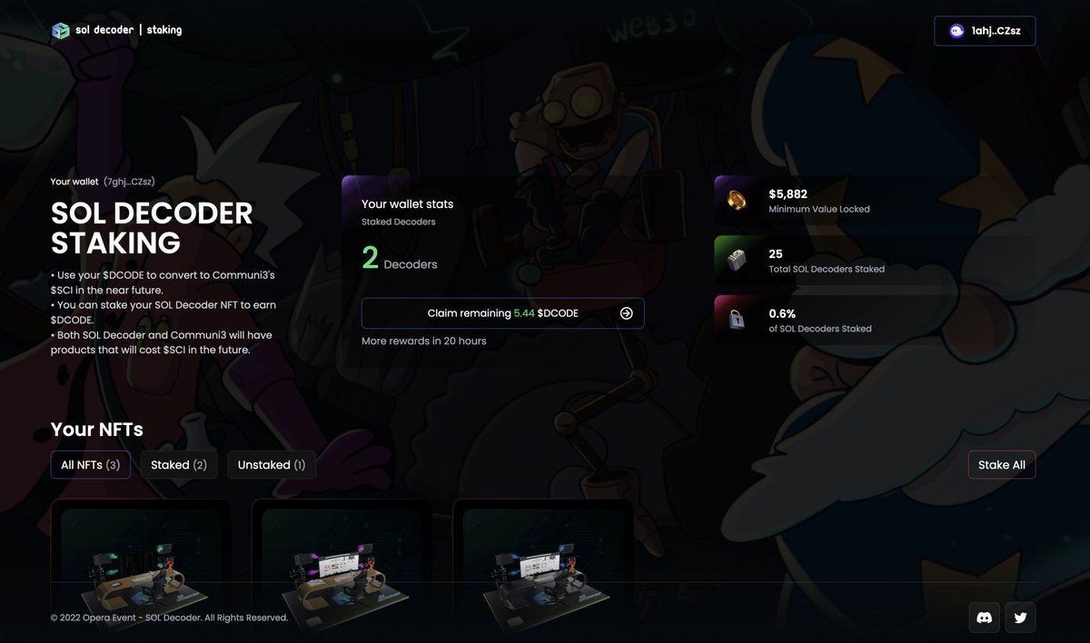 SOL_Decoder's tweet image. 20 hours until staking starts.

Stake and claim your $DCODE token.

Swap your $DCODE token for @communi3_io's IDO token ($SCI) when released.

Use $DCODE / $SCI on a wide variety of utility in the future.