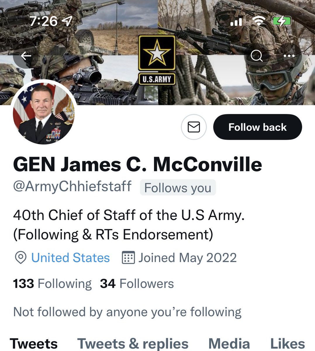 kdelano001's tweet photo. Another fake profile. Look for the blue check! #MilTwitter don’t let them cow you, but pay attention! This is NOT General McConville. #VerifyThenTrust https://t.co/3FKfJh1iPZ