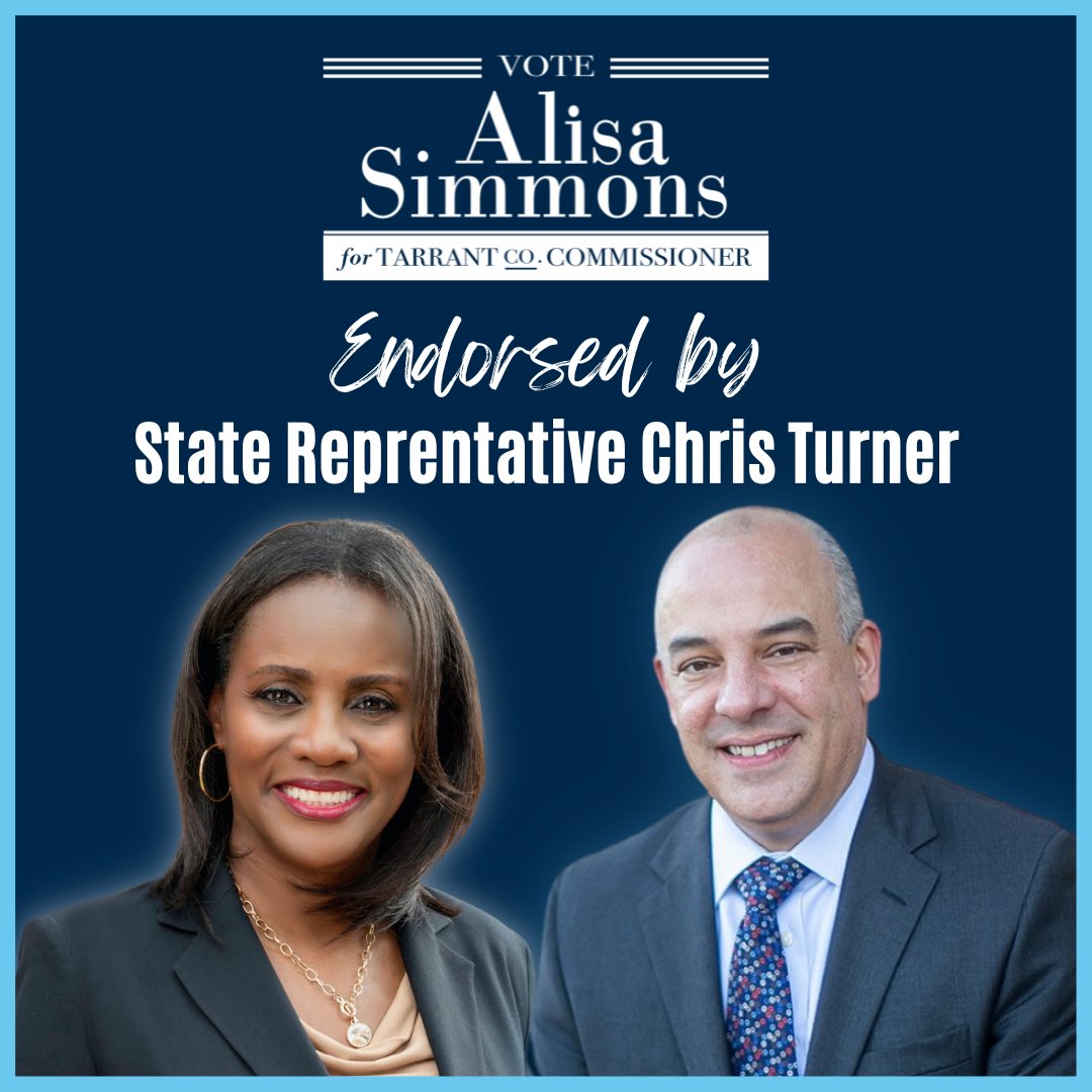 alisafortarrant's tweet photo. I’m honored to have the endorsement of State Representative @ChrisGTurner. Rep. Turner has been a friend and great partner in providing resources to our neighbors across Southeast Tarrant County! I look forward to advocating alongside him to help make our neighborhoods stronger! https://t.co/uZqUqeWnpy
