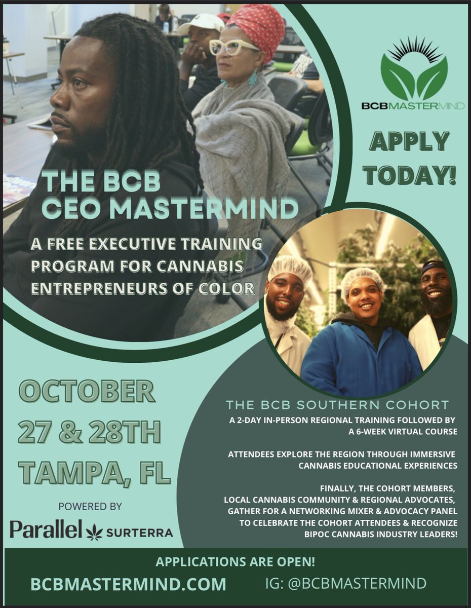 m4mmunited's tweet photo. Building leadership skills at a CEO level is critical when looking to level up in the cannabis and hemp industry. Social equity and minority business owners we encourage you to consider the #BCBMastermind cohort sponsored by @surterra and @team_paralleI Enroll now limited space https://t.co/UZ8EsiMMJl