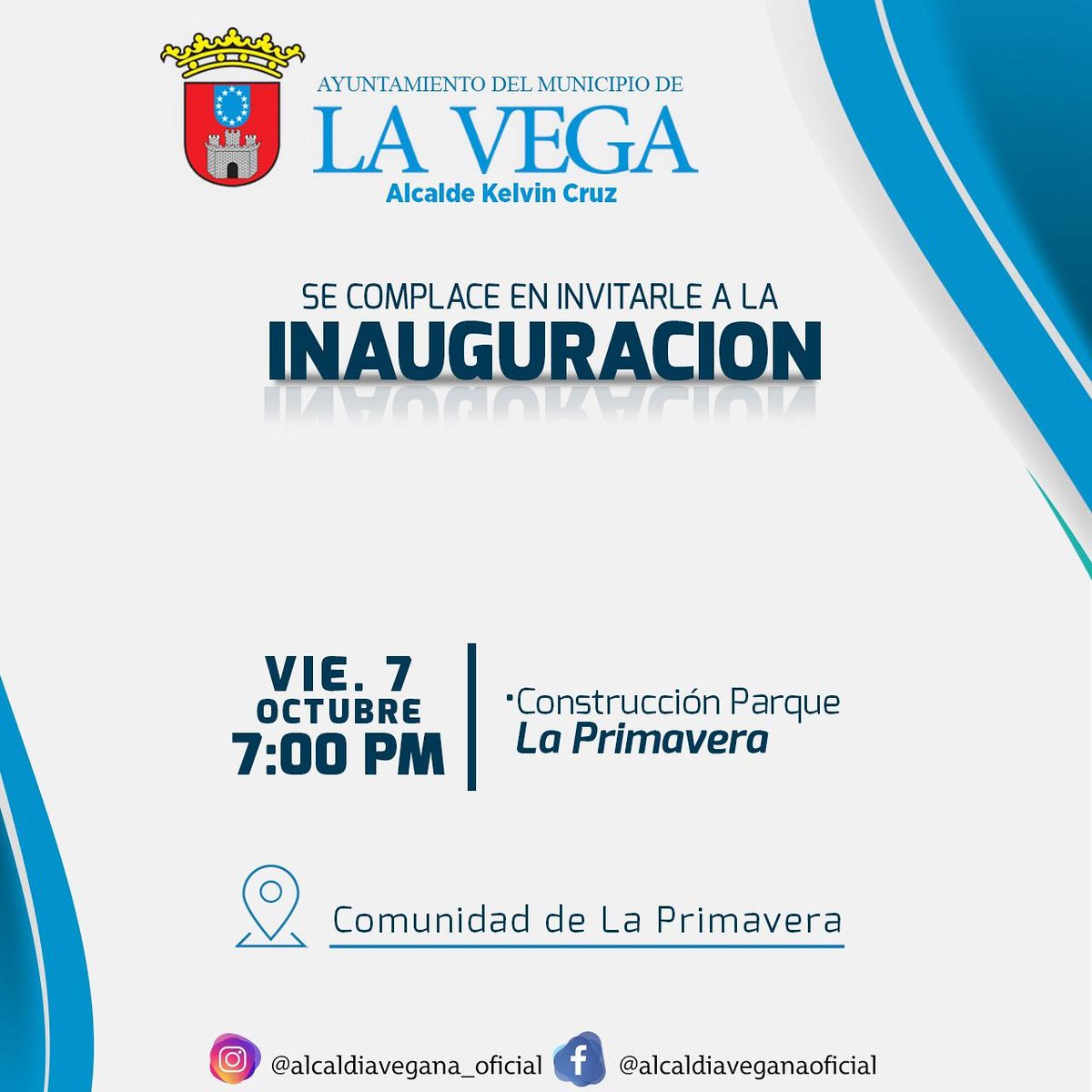 AlcaldiadeLV's tweet photo. ¡Mañana esta Alcaldía de La Vega y El Alcalde Kelvin Cruz les invitan a disfrutar de la inauguración del Parque de La Primavera!

📌 Comunidad La Primavera.
 🕗 07:00 PM

¡Les esperamos! https://t.co/v7bZcCCbqq